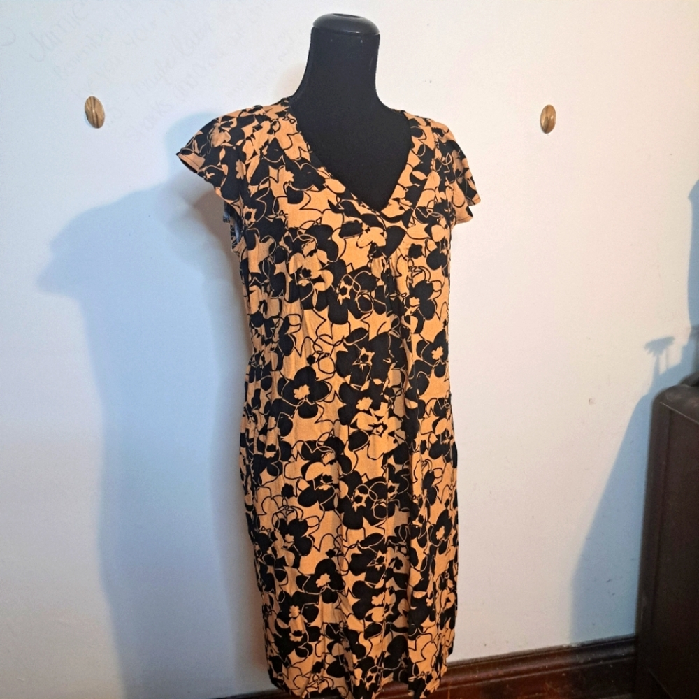 Lularoe Dress Floral Cap Sleeve Pockets Orange Black V Neck Size Md